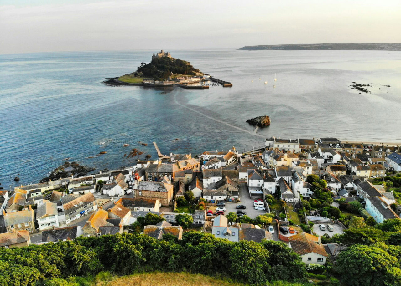 Town with cottages overlooking St. Michael's Mount in Cornwall